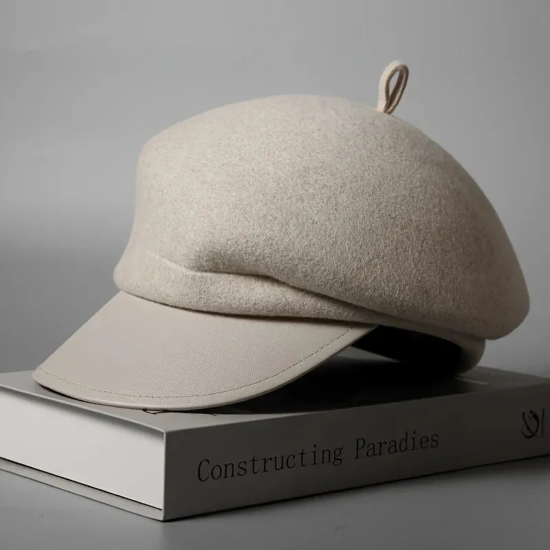 100 Percent Wool Beret Autumn Winter British Vintage Leather Brim Hat