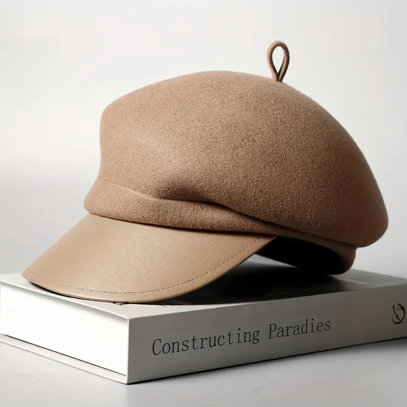 100 Percent Wool Beret Autumn Winter British Vintage Leather Brim Hat