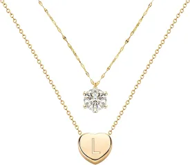 14K Real Gold Plated Dainty Layered Necklace/Heart Initial Necklaces/Zircon Necklace/Handmade Double Chain Necklace for Women and Teen Girls