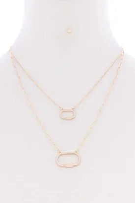 2 Layered Chain Oval Pendant Metal Necklace Earring Set