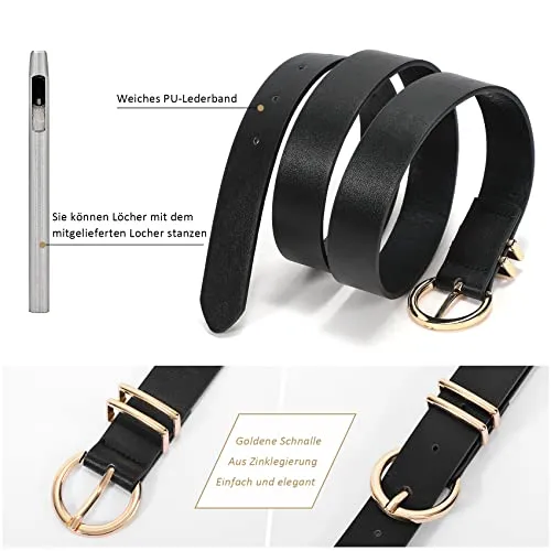 2 pieces leather belt golden buckle leather belt for jeans pants dress, 140cm, black beige