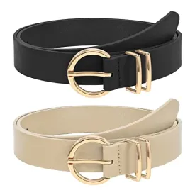 2 pieces leather belt golden buckle leather belt for jeans pants dress, 140cm, black beige