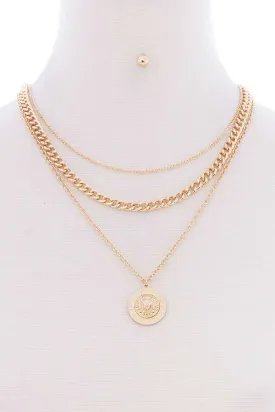 3 Layered Lion Pendant Metal Multi Necklace Earring Set