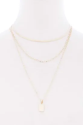 3 Layered Metal Chain Square Pendant Necklace