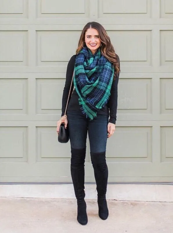Autumn Plaid Blanket Scarf In Green