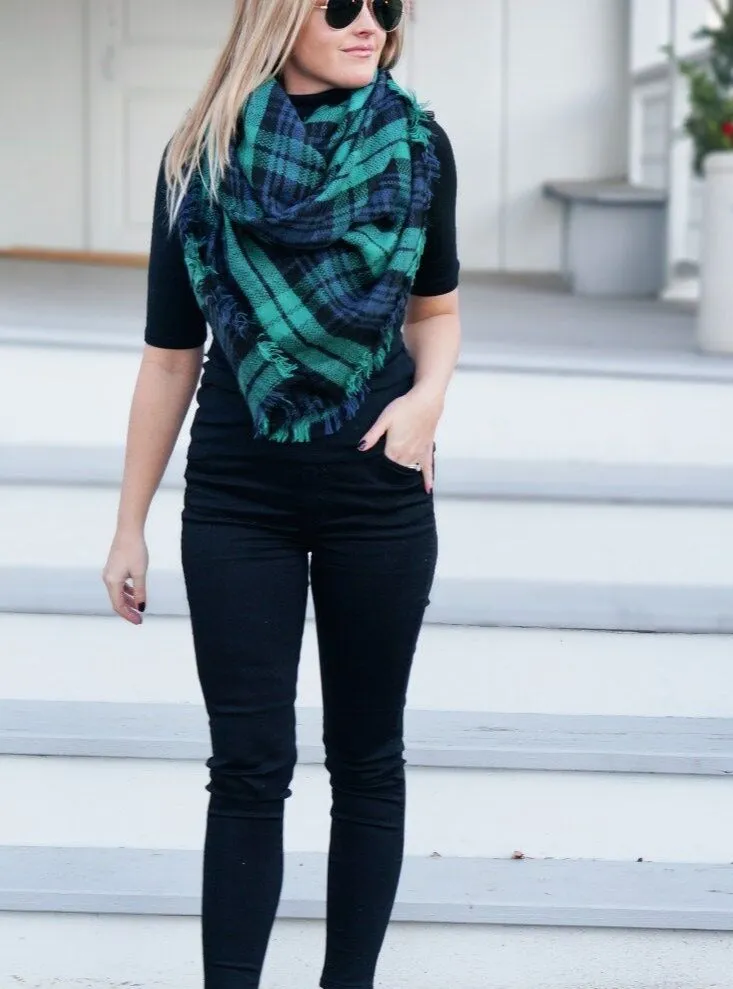 Autumn Plaid Blanket Scarf In Green