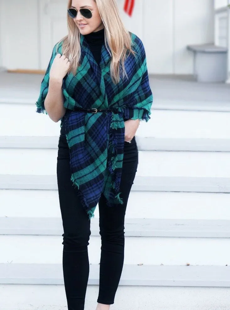 Autumn Plaid Blanket Scarf In Green
