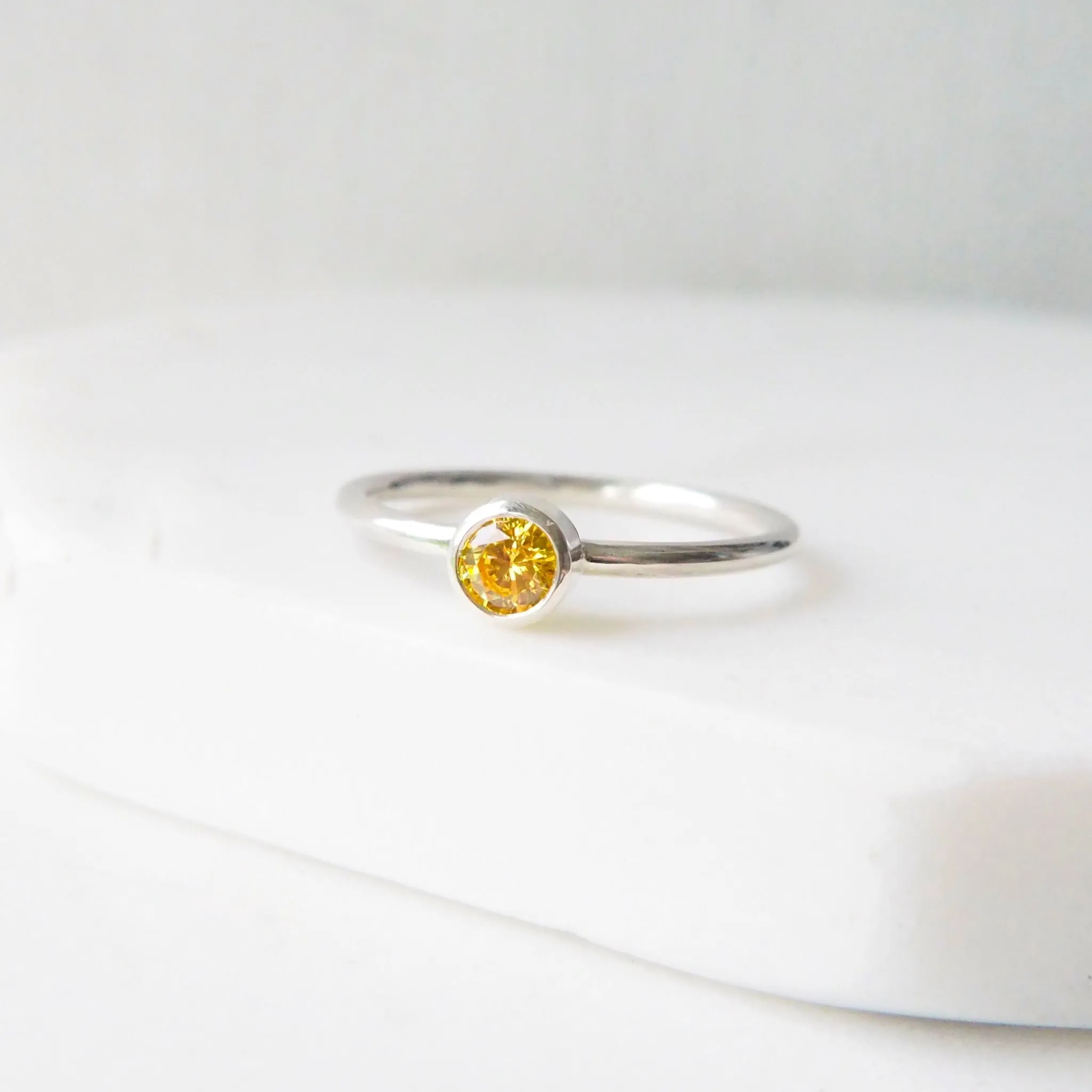 Citrine Silver Ring - 4mm Cubic Zirconia Gemstone with Round Band