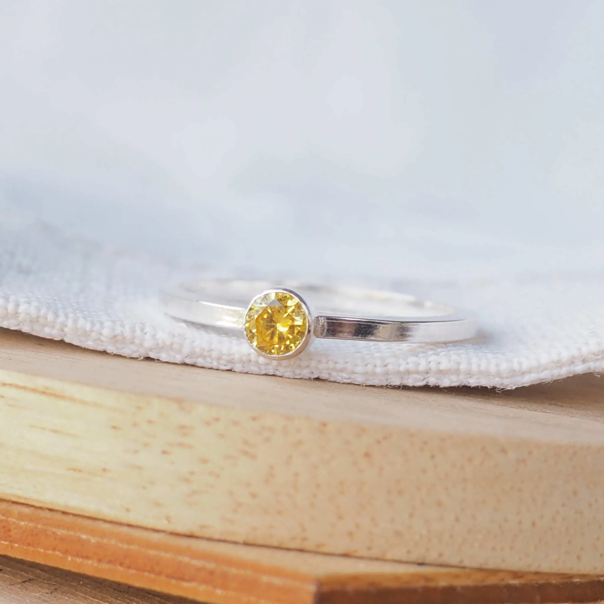 Citrine Silver Ring - 4mm Cubic Zirconia Gemstone with Round Band