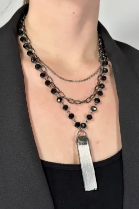 Crystal Stone Pendant Necklace - Black