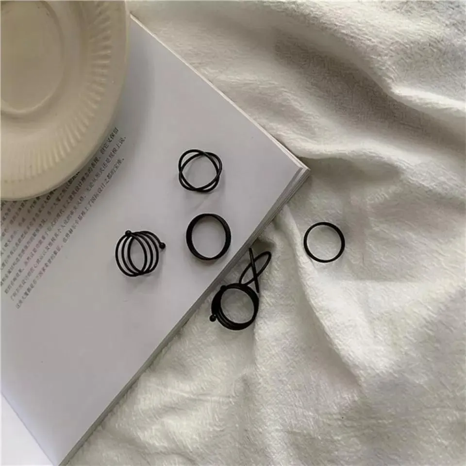 Edgy Black Ring Set -Pack of 6