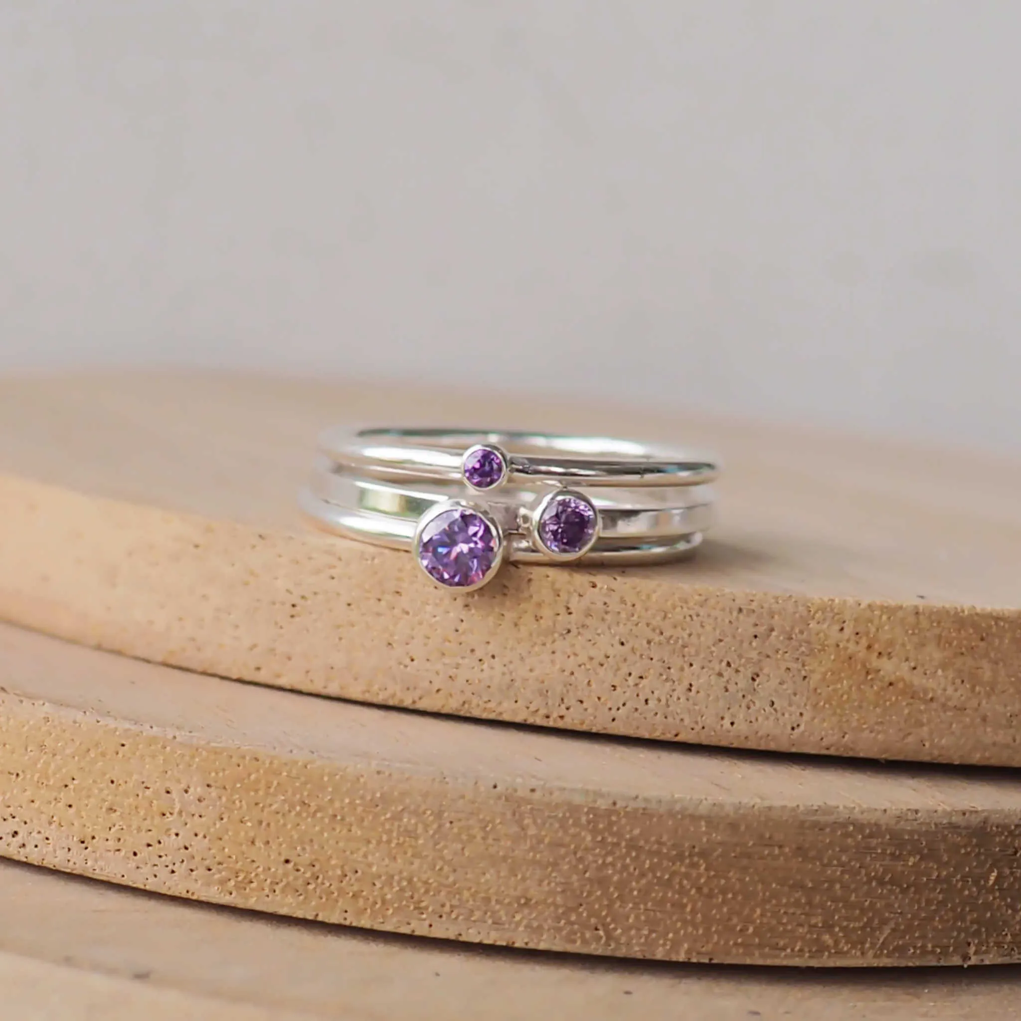 FEBRUARY Birthstone Rings - Silver & Amethyst Cubic Zirconia