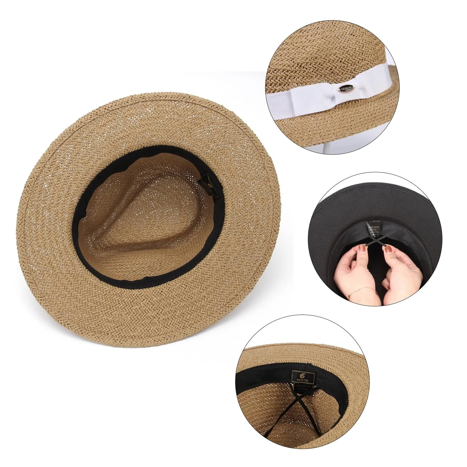 GEMVIE Straw Panama Hat for Women Mens Summer Beach Straw Fedora Cap Wide Brim Straw Sun Hat