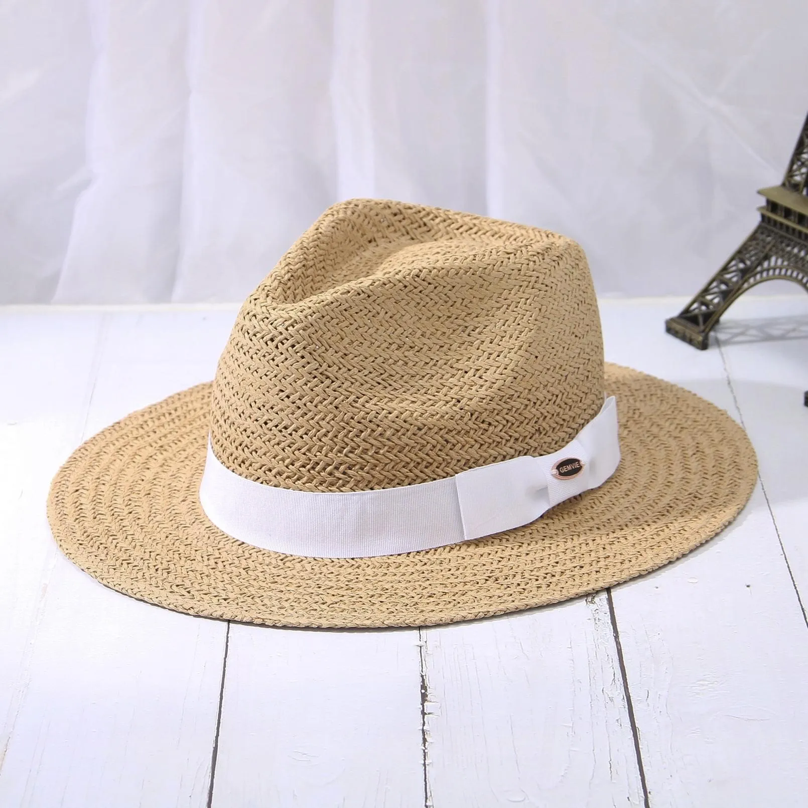 GEMVIE Straw Panama Hat for Women Mens Summer Beach Straw Fedora Cap Wide Brim Straw Sun Hat