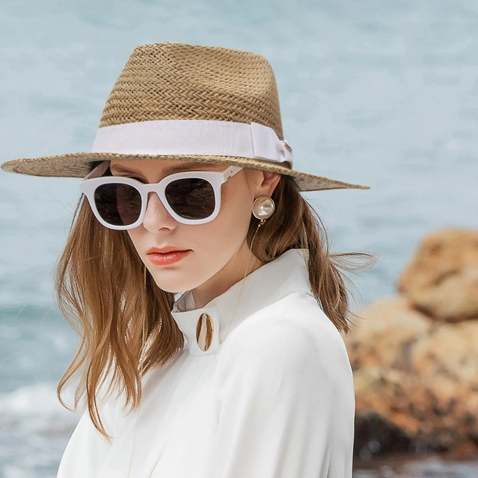 GEMVIE Straw Panama Hat for Women Mens Summer Beach Straw Fedora Cap Wide Brim Straw Sun Hat