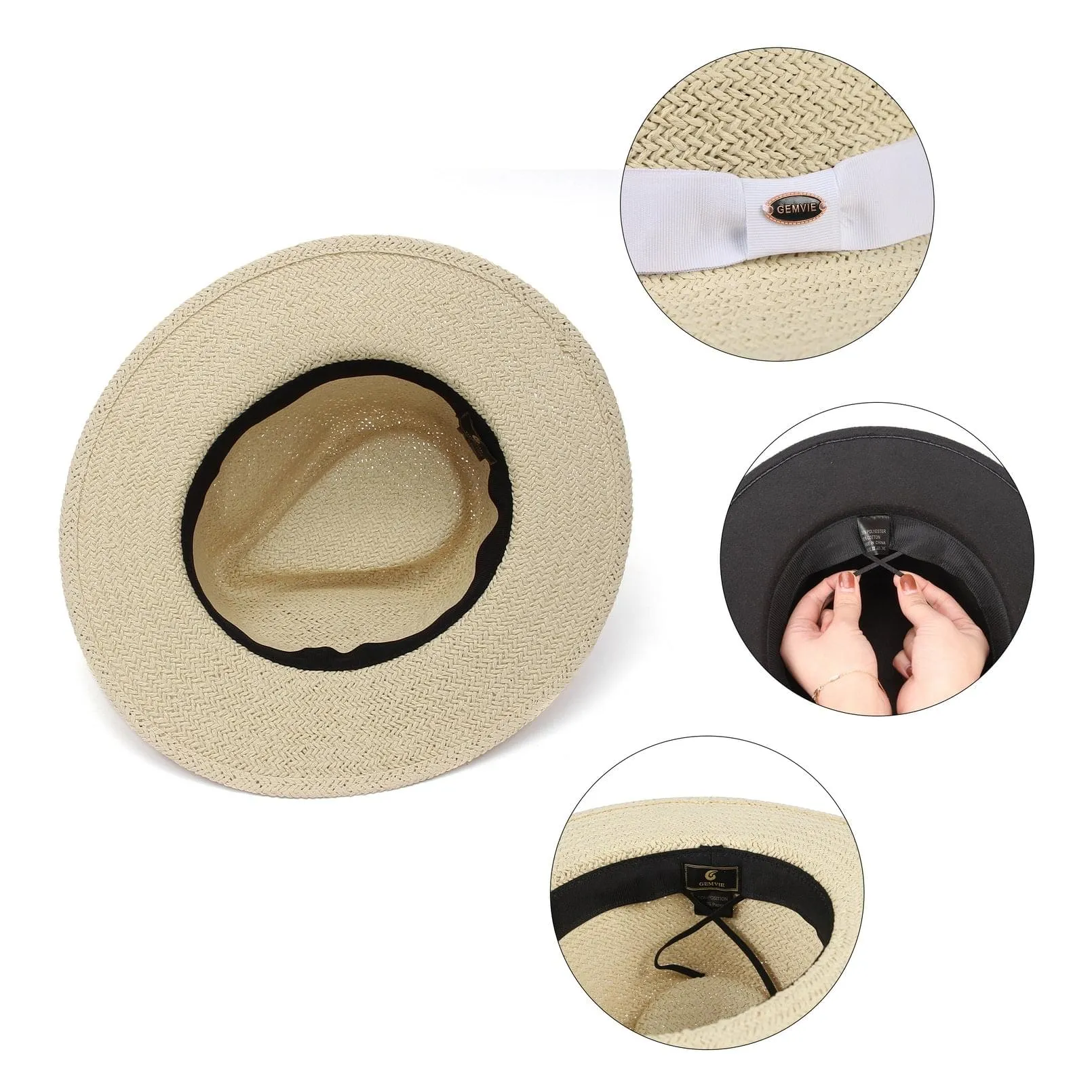 GEMVIE Straw Panama Hat for Women Mens Summer Beach Straw Fedora Cap Wide Brim Straw Sun Hat