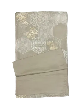 Japanese Kimono Vintage Fukuro Obi - Beige, Japanese traditional flowers