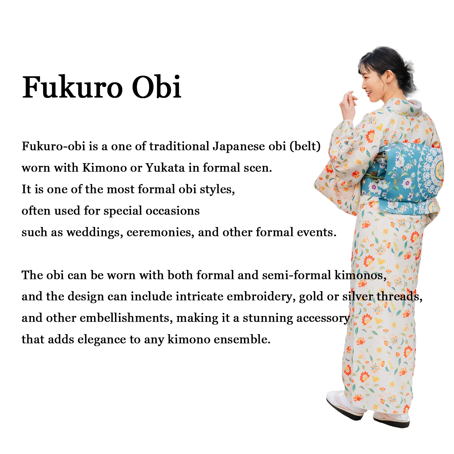 Japanese Kimono Vintage Fukuro Obi - Beige, Japanese traditional flowers