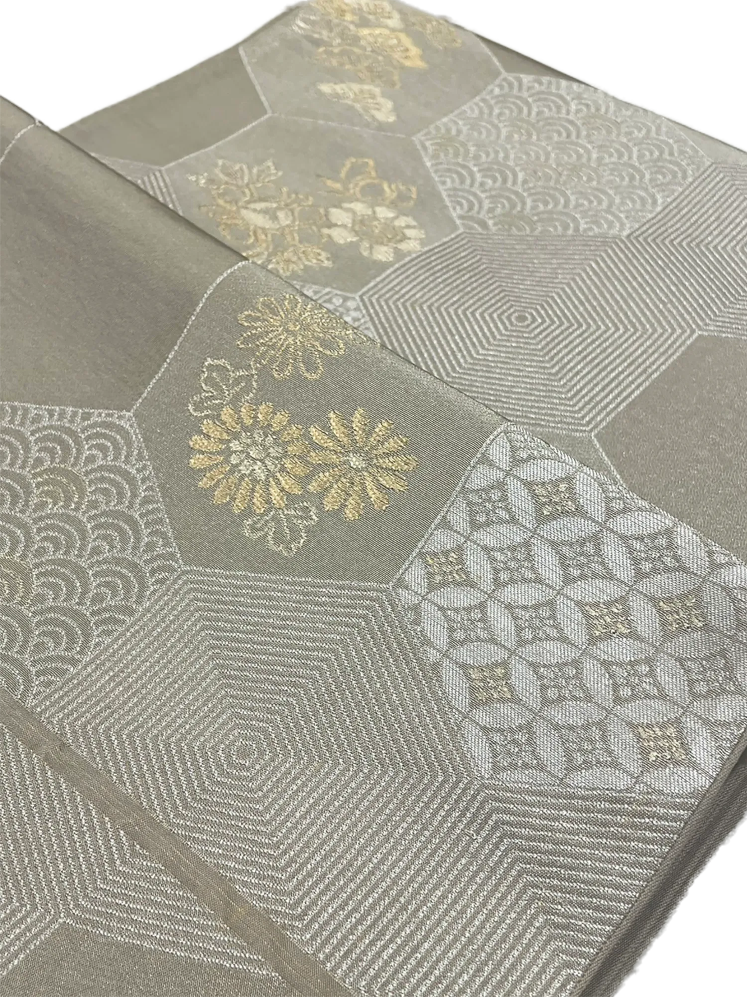Japanese Kimono Vintage Fukuro Obi - Beige, Japanese traditional flowers