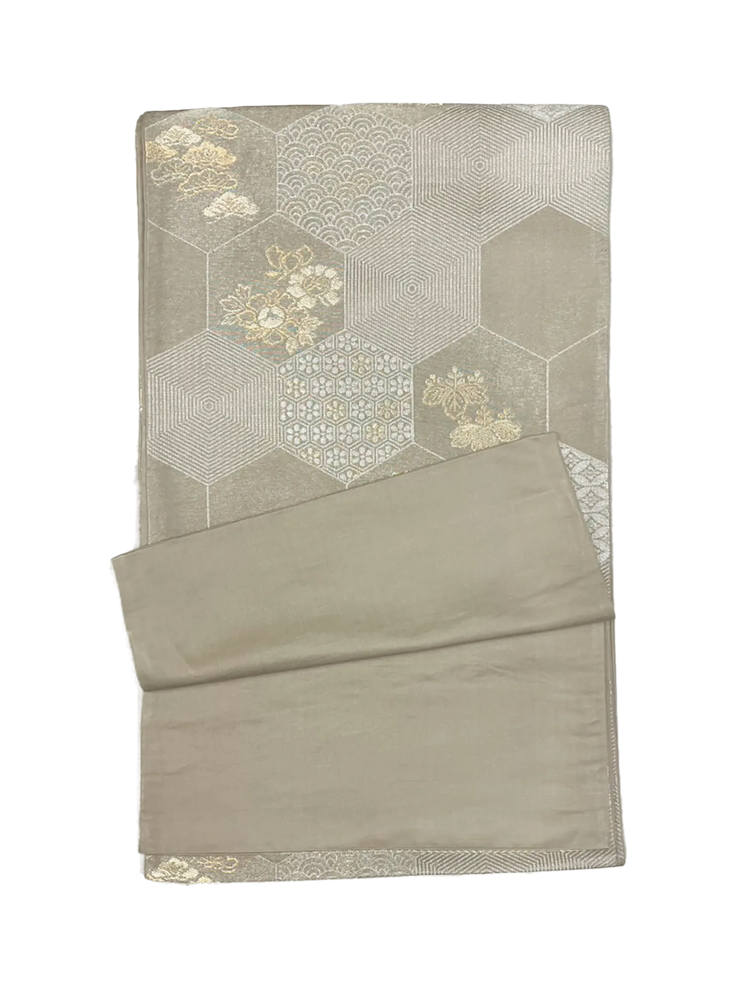 Japanese Kimono Vintage Fukuro Obi - Beige, Japanese traditional flowers
