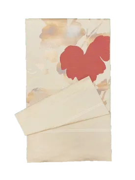 Japanese Kimono Vintage Fukuro Obi - Beige, Red and Brown Leaves