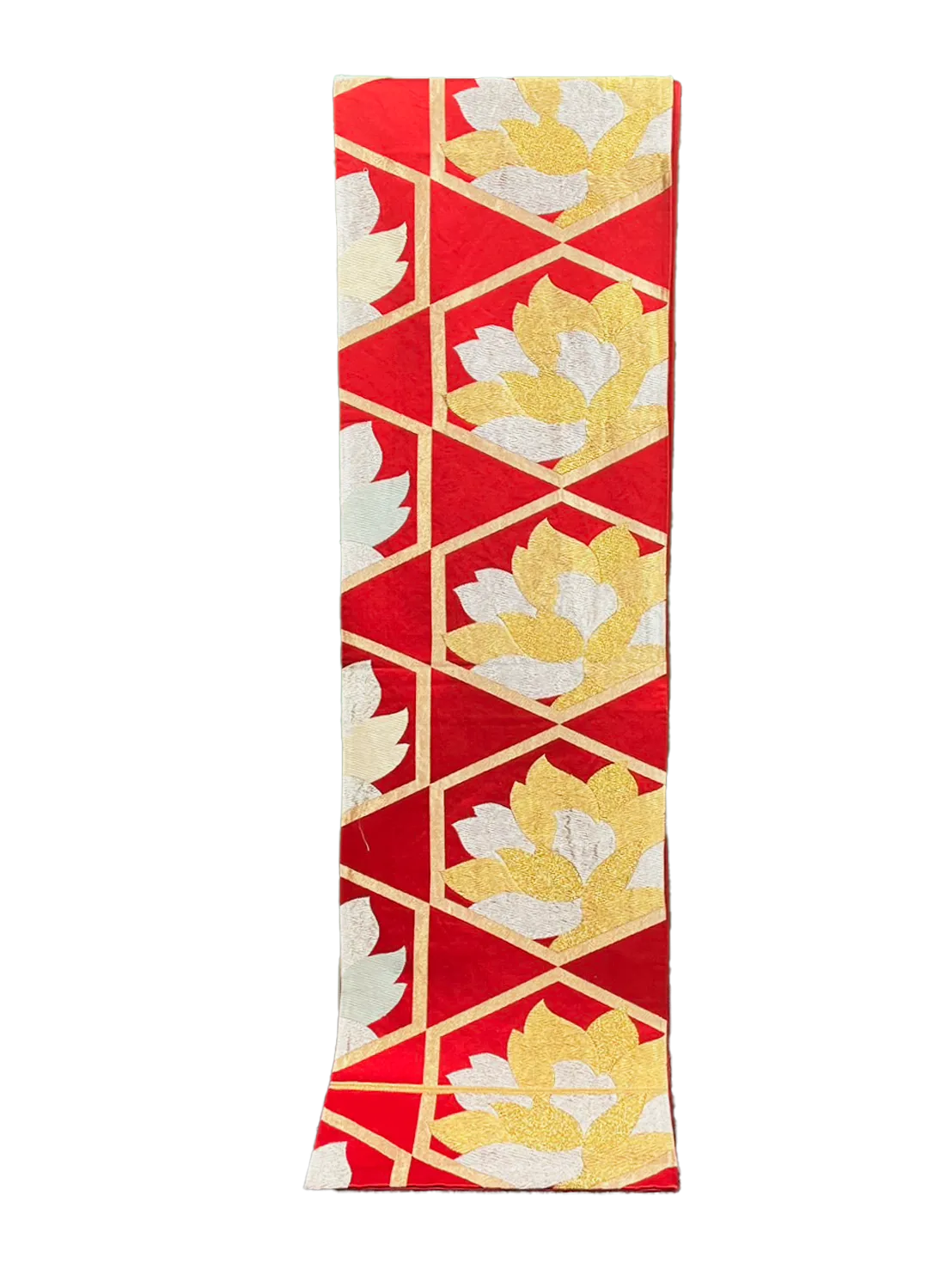 Japanese Kimono Vintage Fukuro Obi - Red, Gold and Silver Peony Flower