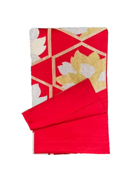Japanese Kimono Vintage Fukuro Obi - Red, Gold and Silver Peony Flower