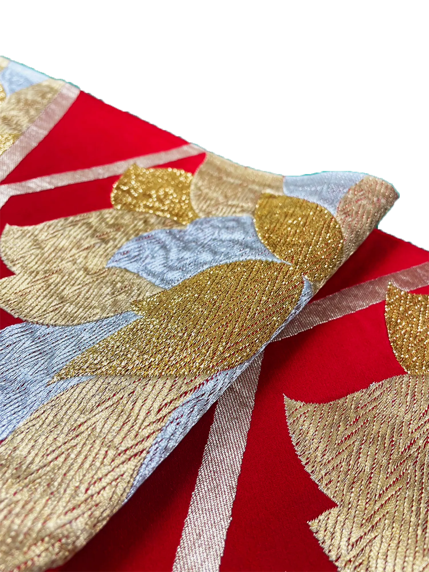 Japanese Kimono Vintage Fukuro Obi - Red, Gold and Silver Peony Flower