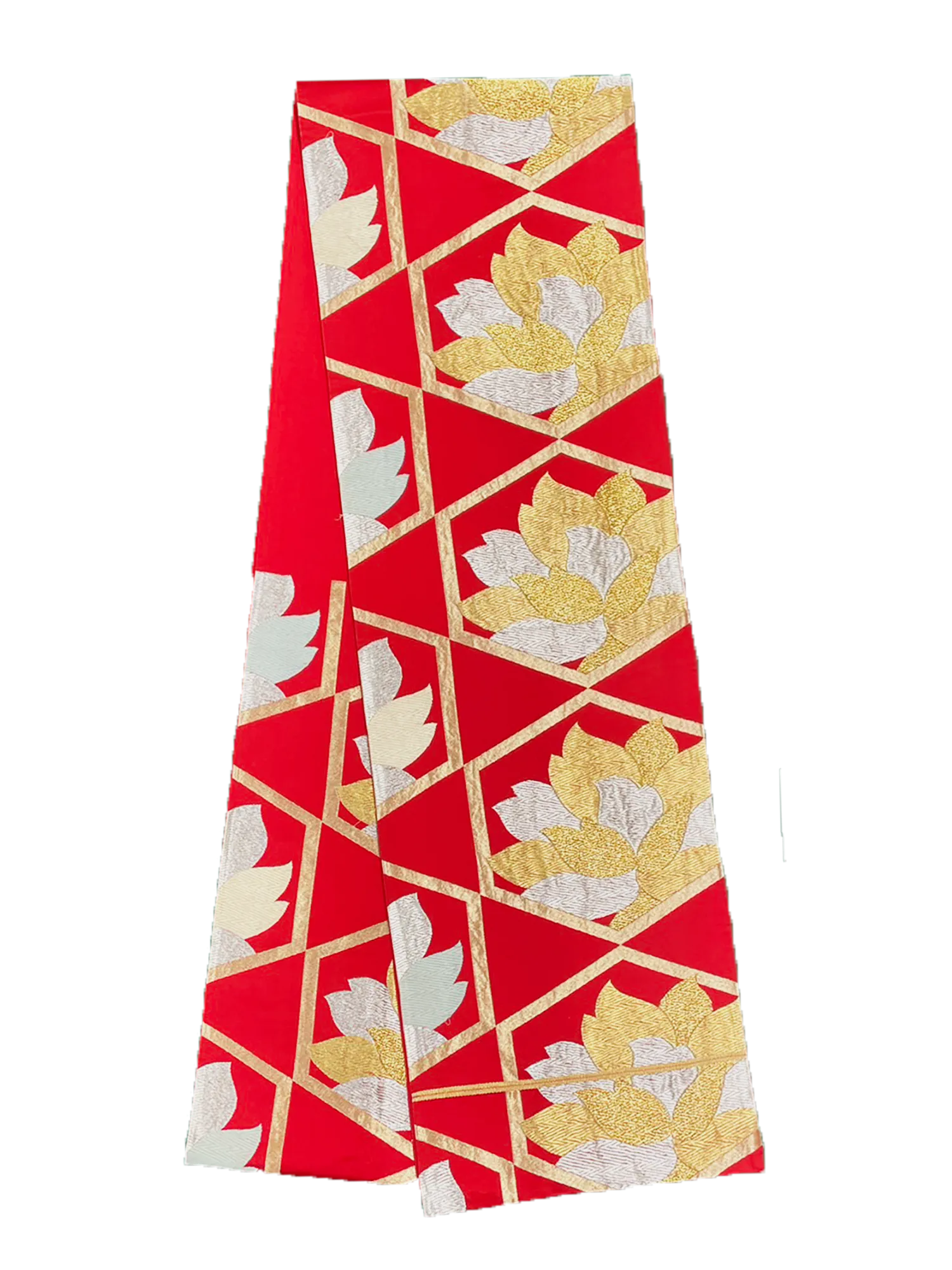 Japanese Kimono Vintage Fukuro Obi - Red, Gold and Silver Peony Flower