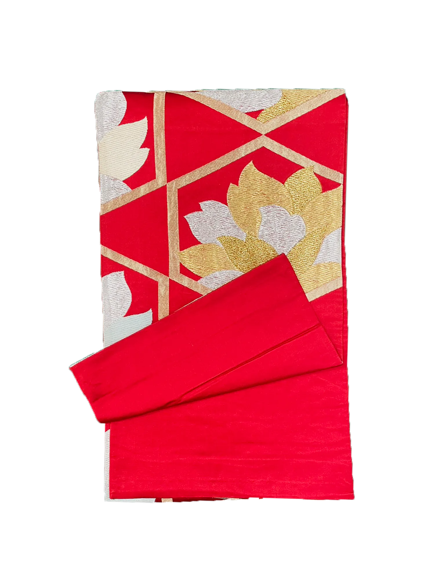 Japanese Kimono Vintage Fukuro Obi - Red, Gold and Silver Peony Flower