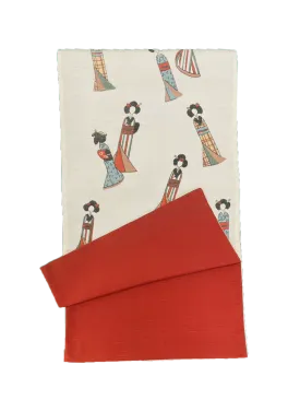 Japanese Kimono Vintage Fukuro Obi - White, Kokeshi Dolls