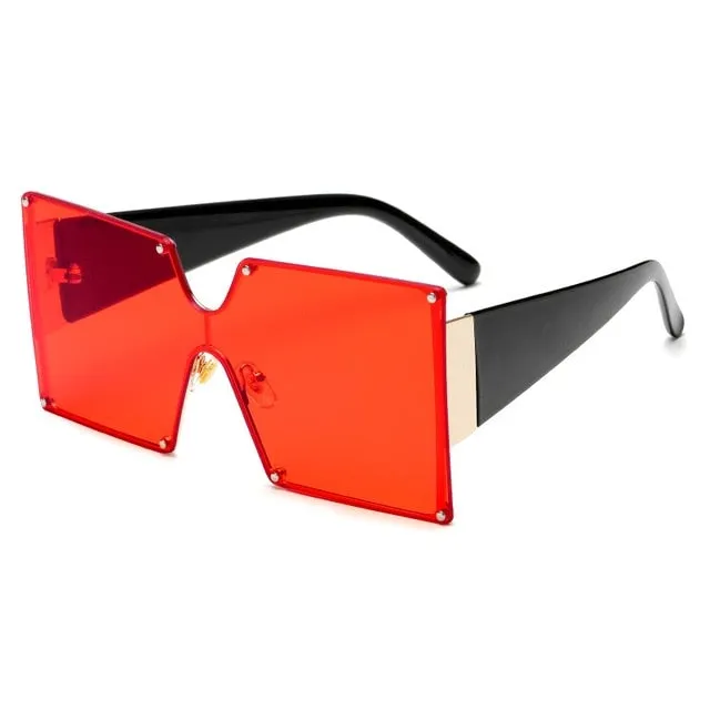 Oversized Lens Slim Frame Rivets Details Square Sunglasses