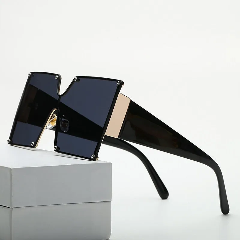 Oversized Lens Slim Frame Rivets Details Square Sunglasses