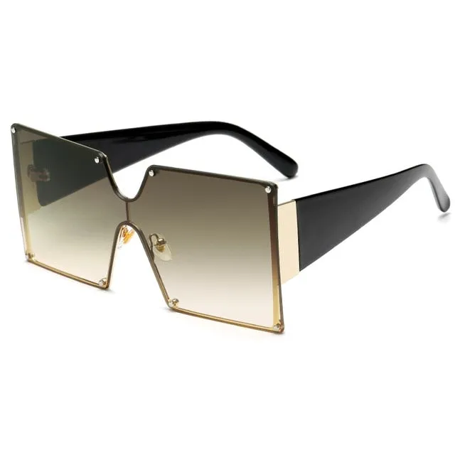 Oversized Lens Slim Frame Rivets Details Square Sunglasses