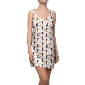 Pointy Nosed Cartoon Dogs in Clothes and Berets Pattern Women's Racerback Dress