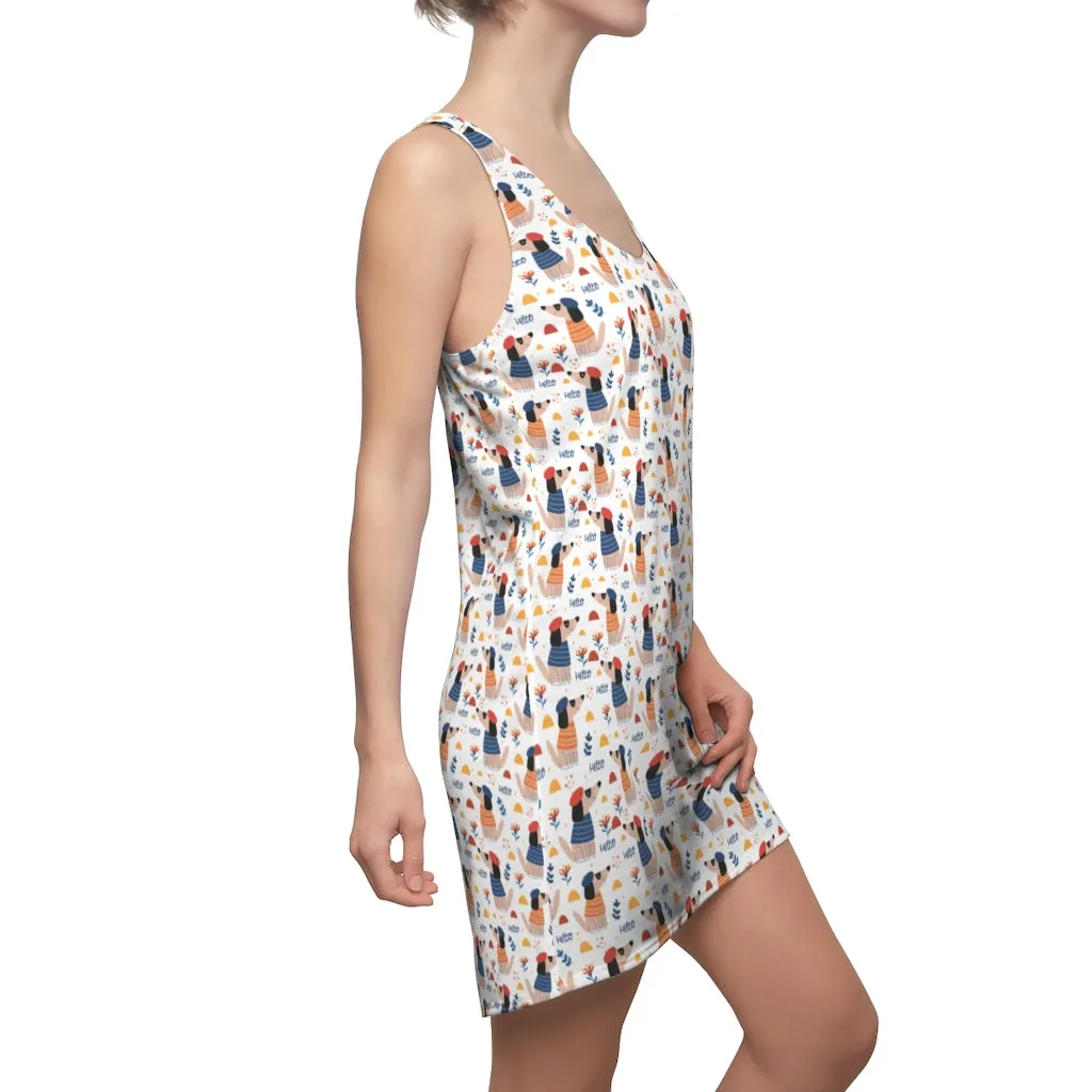 Pointy Nosed Cartoon Dogs in Clothes and Berets Pattern Women's Racerback Dress