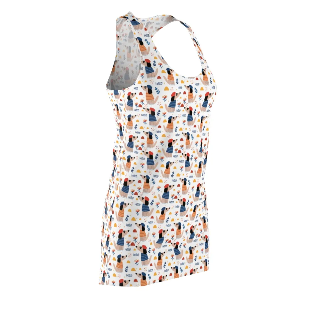 Pointy Nosed Cartoon Dogs in Clothes and Berets Pattern Women's Racerback Dress