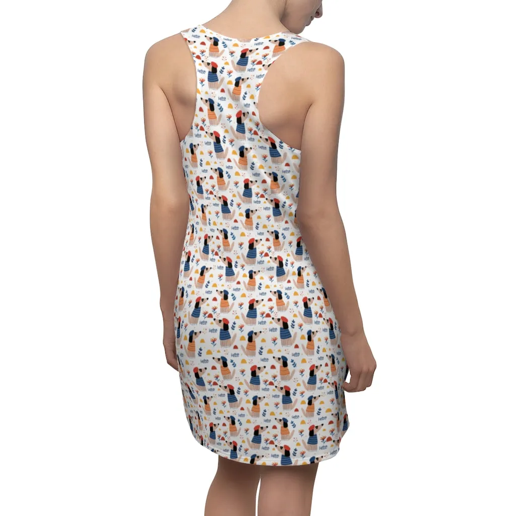 Pointy Nosed Cartoon Dogs in Clothes and Berets Pattern Women's Racerback Dress