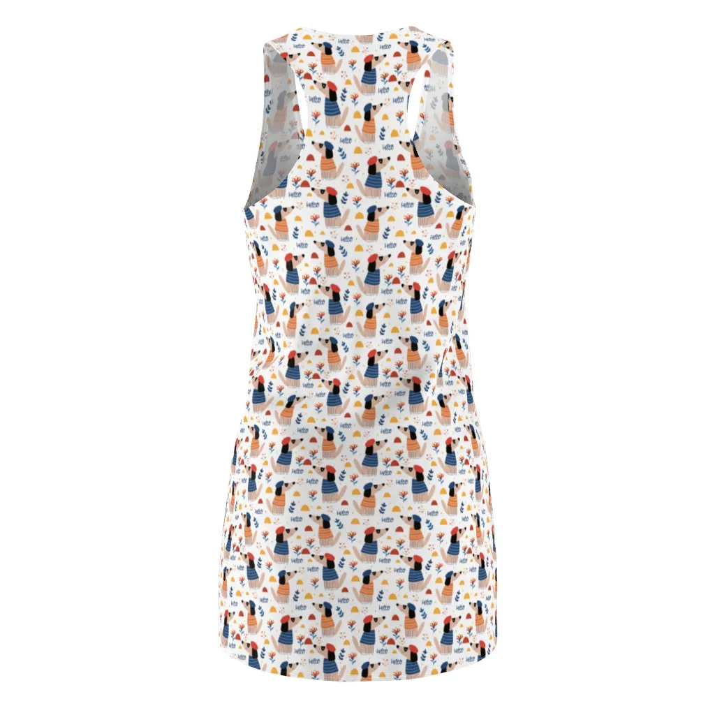 Pointy Nosed Cartoon Dogs in Clothes and Berets Pattern Women's Racerback Dress