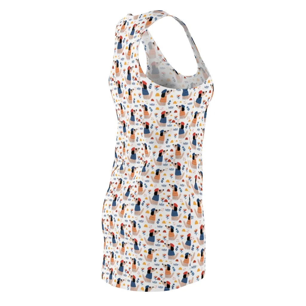 Pointy Nosed Cartoon Dogs in Clothes and Berets Pattern Women's Racerback Dress