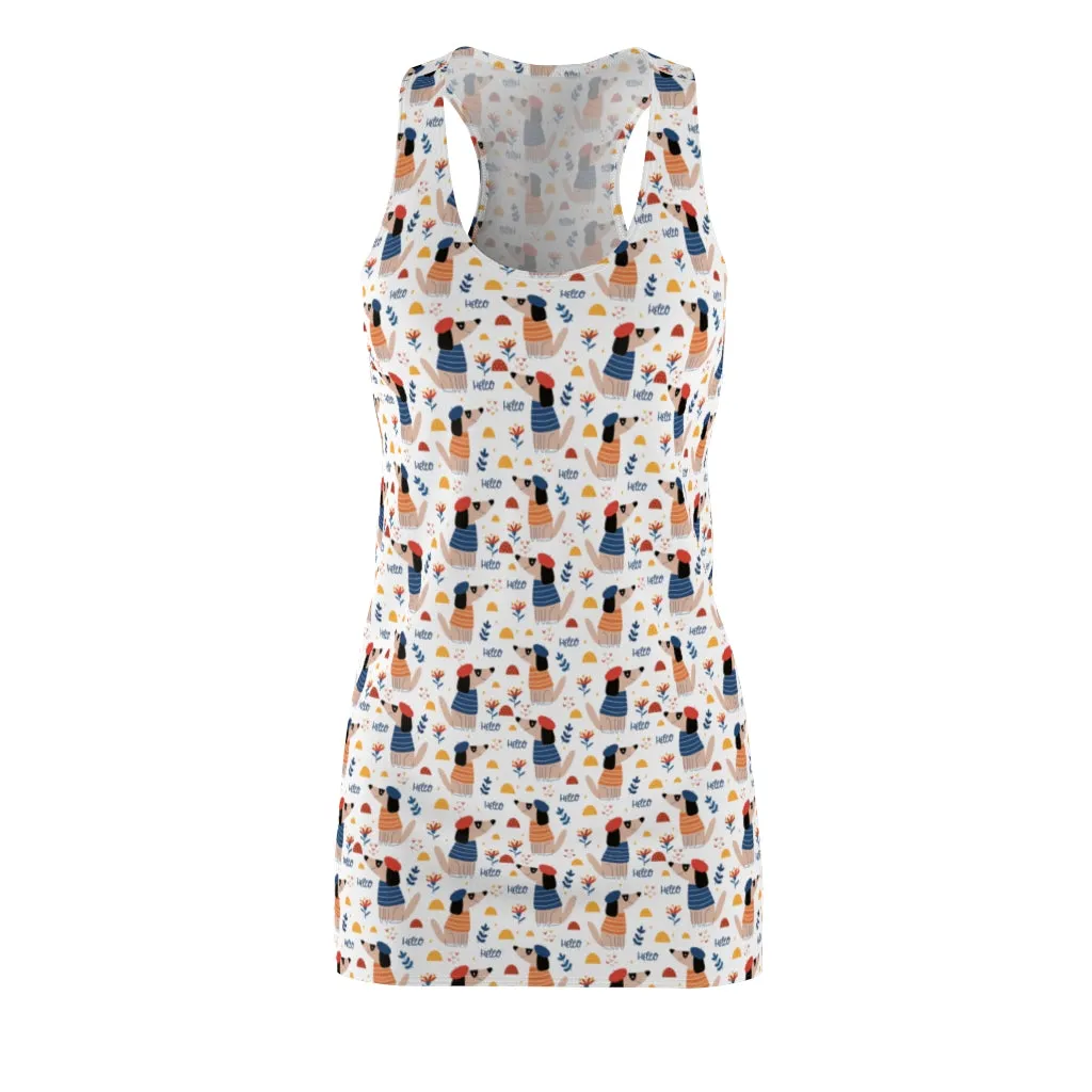 Pointy Nosed Cartoon Dogs in Clothes and Berets Pattern Women's Racerback Dress