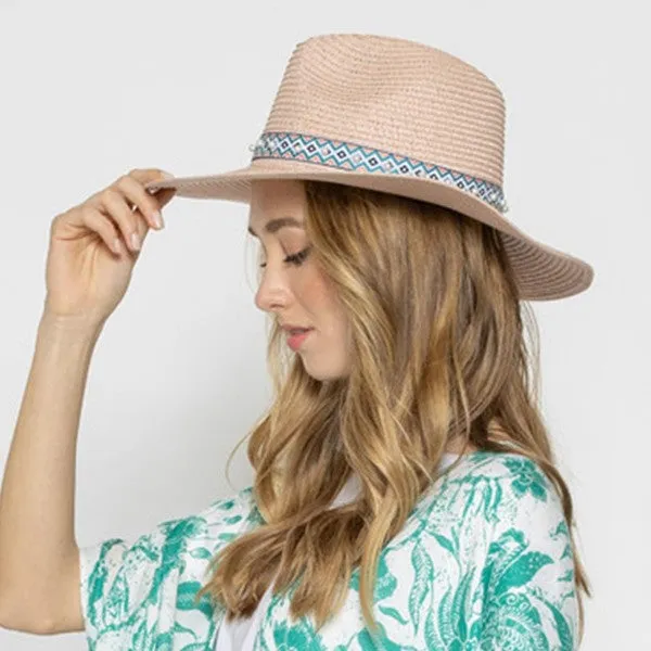 Straw Panama Hat With Aztec Band And Pearl Accents-Pink