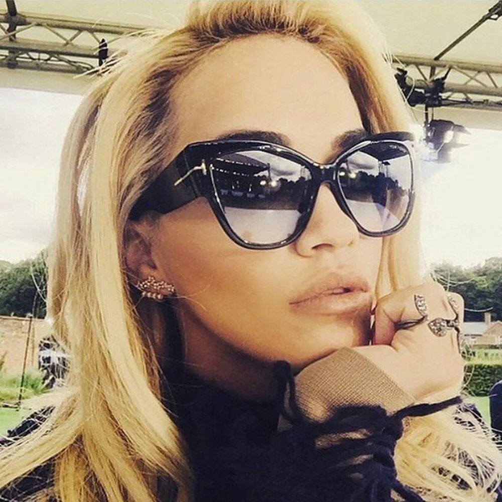 Women's Luxury Designer Fashion Black Cat Eye Sunglasses Gradient UV400
